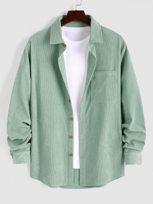 ZAFUL Men's Men's Plain Color Front Pocket Design Button Down Long Sleeves Corduroy Shirt L Light green