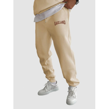 ZAFUL Men's Men's OAKLAND Letter Printed Thermal Fleece-lined Drawstring Beam Feet Jogger Pants M Light coffee