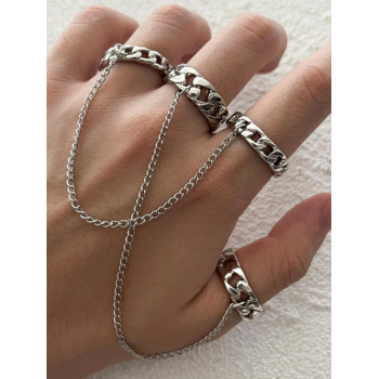 Men's 2Pcs Punk Hip Hop Long Chain Linked Multilayer Rings