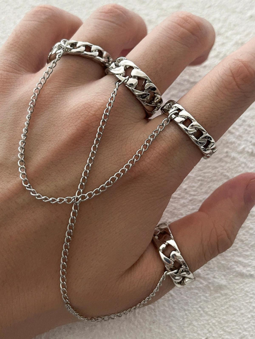 Men's 2Pcs Punk Hip Hop Long Chain Linked Multilayer Rings