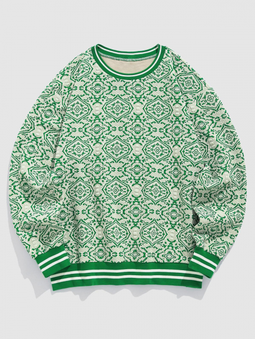 ZAFUL Men's ZAFUL Men's Crew Neck Retro Geometric Baroque Jacquard Wave Drop Shoulder Pullover Sweatshirt Xl Green