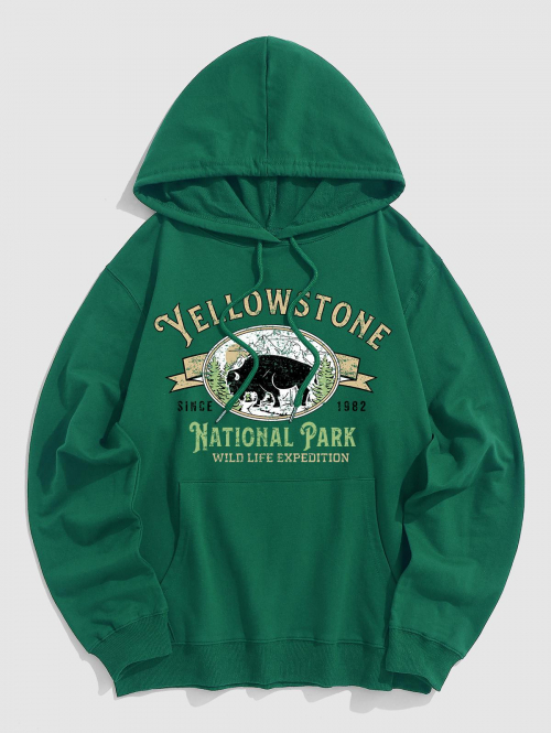 ZAFUL Men's Men's YELLOWSTONE NATIONAL PARK Letter Graphic Pattern Kangaroo Pocket Pullover Hoodie 2xl Deep green