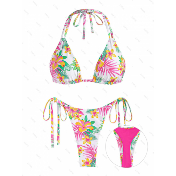 ZAFUL Women's Multi Way Reversible Convertible Floral Print Halter Tie Side String Thong Bikini Set Matching Two Piece Swimwear M Light pink