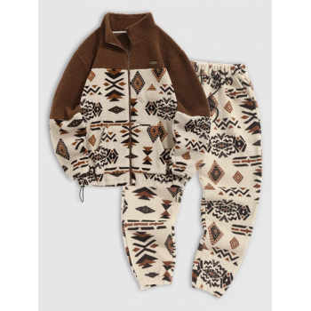 ZAFUL Men's Men's Vintage Ethnic Aztec Print Colorblock Zip Fly Fleece Jacket Aztec Print Jogger Pants Fluffy Two Piece Set Light coffee