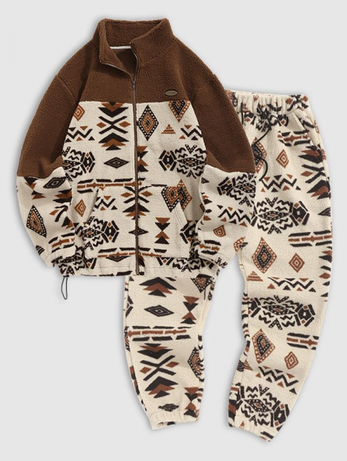 ZAFUL Men's Men's Vintage Ethnic Aztec Print Colorblock Zip Fly Fleece Jacket Aztec Print Jogger Pants Fluffy Two Piece Set Light coffee