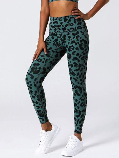 Women Sports High Waist Leopard Pattern Yoga Leggings S Green