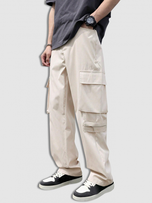 ZAFUL Men's Men's Streetwear Solid Color Side Flap Pockets Design Zip Fly Cargo Pants M White