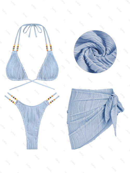 Women Three-Pieces Women's Textured Beading Halter Neck Strappy Flossing Triangle Thong High Cut Bikini Set  Cover Up Sarong Skirt 3PC Beach Vacation