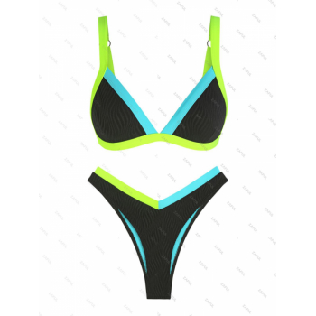 ZAFUL Women's Neon Colorblock Contrast Pipping Triangle Wave Textured V Cut Waist Thong Swimwear Bikini Set S Black