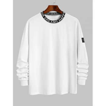 ZAFUL Men's Casual Simple Style Letter Collar Pullover Long Sleeves Cotton T-shirt L White