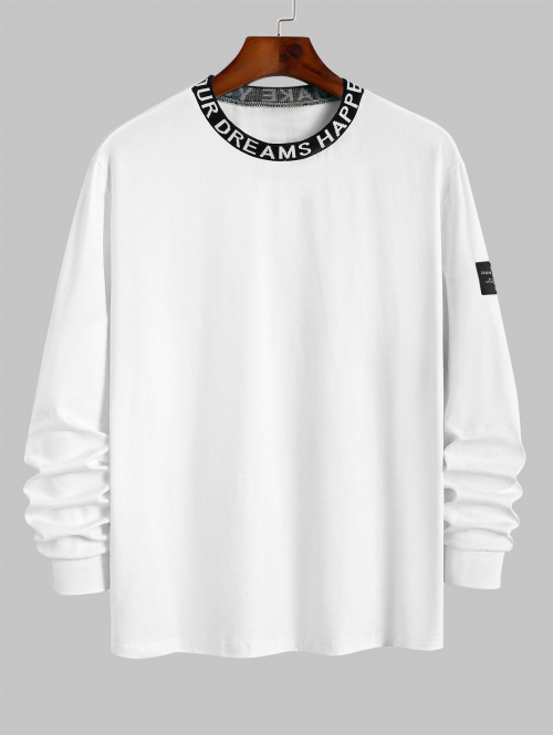 ZAFUL Men's Casual Simple Style Letter Collar Pullover Long Sleeves Cotton T-shirt M White