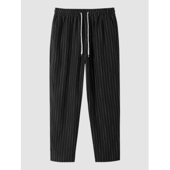 ZAFUL Men's ZAFUL Men's Striped Cotton and Linen Textured Straight Leg Drawstring Casual Pants M Black