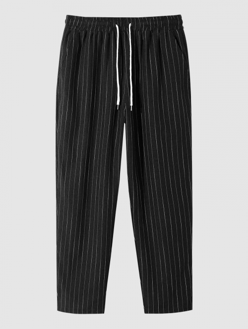 ZAFUL Men's ZAFUL Men's Striped Cotton and Linen Textured Straight Leg Drawstring Casual Pants M Black