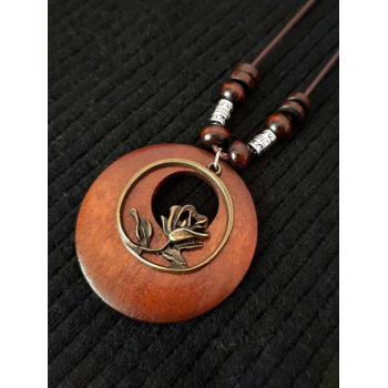 Men's Retro Ethnic Beading Wooden Circle Hollow Out Pendant Sweater Necklace