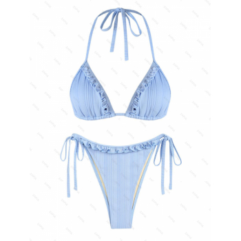 ZAFUL Women's Sexy Solid Color Matching Two Piece Swimwear Ribbed Halter Tie Ruffle Triangle Tie Side Tanga String Bikini Set M Light blue