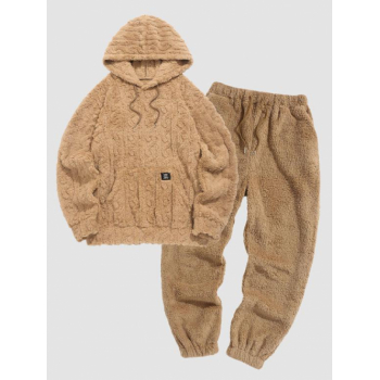 ZAFUL Men's Men's Casual Geometric Textured Faux Fur Teddy Fluffy Kangaroo Pocket Hoodie and Drawstring Beam Feet Pants Set S Coffee