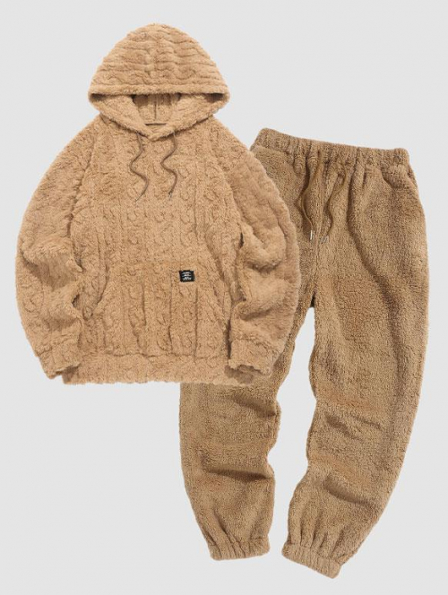 ZAFUL Men's Men's Casual Geometric Textured Faux Fur Teddy Fluffy Kangaroo Pocket Hoodie and Drawstring Beam Feet Pants Set S Coffee