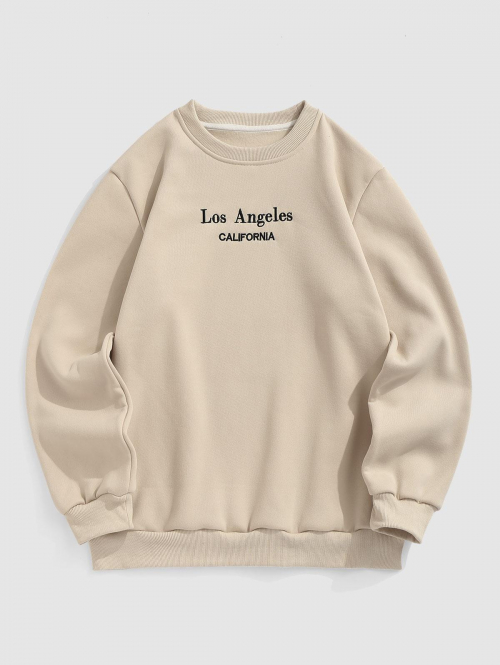 ZAFUL Men's ZAFUL Men's Casual LOS ANGELES CALIFORNIA Embroidered Fleece-lined Crew Neck Pullover Sweatshirt L Light coffee