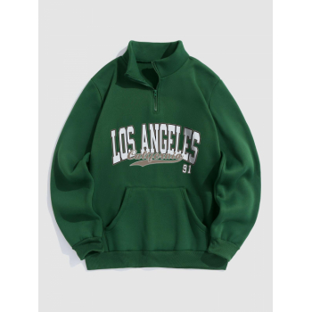 ZAFUL Men's Men's Casual LOS ANGELES California Letter Quarter Zip Kangaroo Pocket Stand Collar Fleece Lined Sweatshirt L Deep green