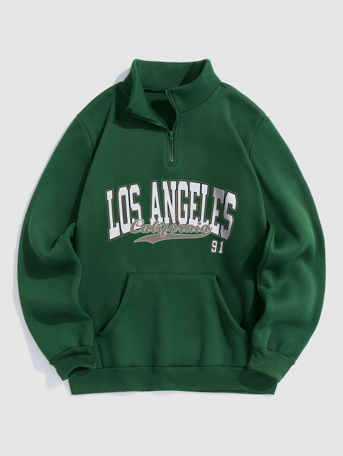 ZAFUL Men's Men's Casual LOS ANGELES California Letter Quarter Zip Kangaroo Pocket Stand Collar Fleece Lined Sweatshirt L Deep green