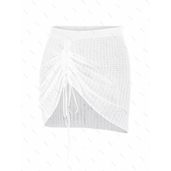 Women Beach Women's Beach Vacation Crochet Openwork Cinched Ruched Tied See Thru Solid Color Mini Cover Up Swim Skirt M White