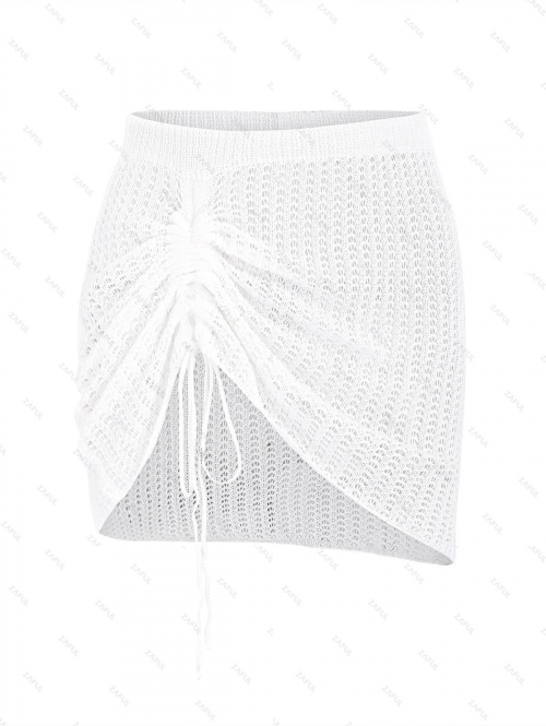 Women Beach Women's Beach Vacation Crochet Openwork Cinched Ruched Tied See Thru Solid Color Mini Cover Up Swim Skirt M White