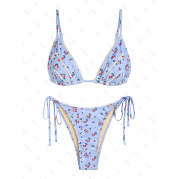 ZAFUL Women's Lace Trim Ditsy Floral Print Triangle Tie Side Adjustable Spaghetti Strap String Tanga Bikini Set Swimwear L Light blue