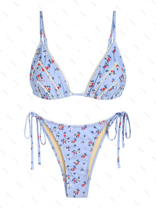 ZAFUL Women's Lace Trim Ditsy Floral Print Triangle Tie Side Adjustable Spaghetti Strap String Tanga Bikini Set Swimwear L Light blue