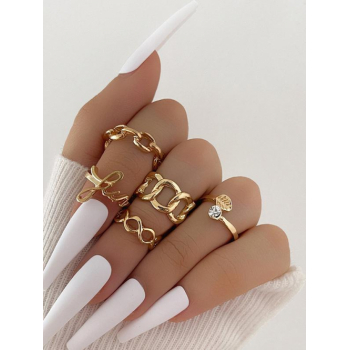 Women's 5Pcs Minimalist Style Metal Rhinestones Hollow Out Letter Chunky Rings Set