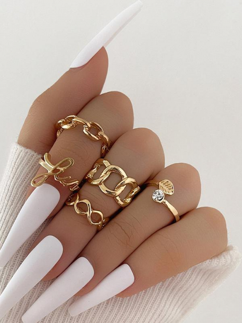 Women's 5Pcs Minimalist Style Metal Rhinestones Hollow Out Letter Chunky Rings Set