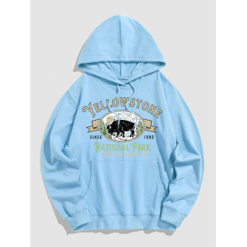 ZAFUL Men's Men's YELLOWSTONE NATIONAL PARK Letter Graphic Pattern Kangaroo Pocket Pullover Hoodie M Light blue