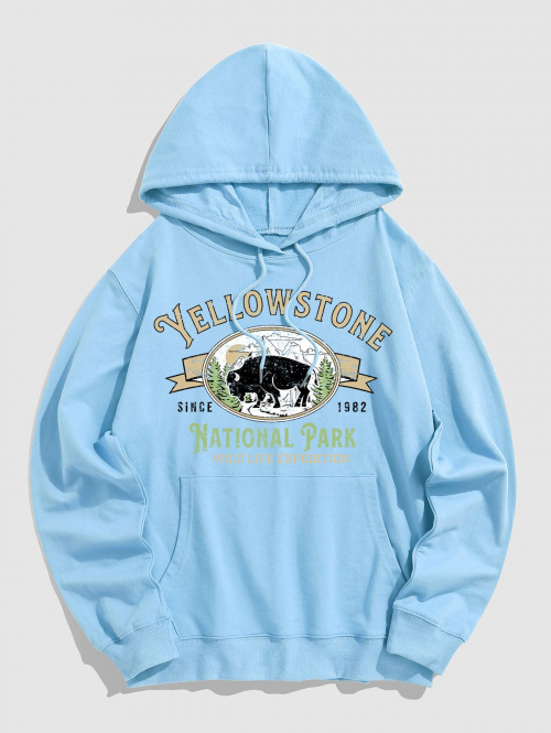 ZAFUL Men's Men's YELLOWSTONE NATIONAL PARK Letter Graphic Pattern Kangaroo Pocket Pullover Hoodie M Light blue