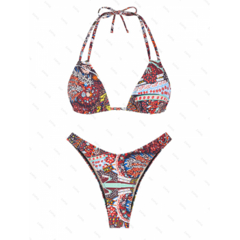 ZAFUL Women's Ethnic Vintage Ditsy Floral Print Double Strap Halter Neck Cheeky Bikini Two Piece Set Swimwear L Multi a