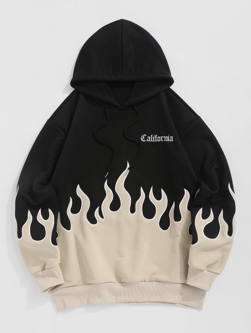 ZAFUL Men's ZAFUL Men's Casual Drawstring Colorblock Two Tone Letter California Flame Fire Embroidered Pullover Hoodie L Light coffee