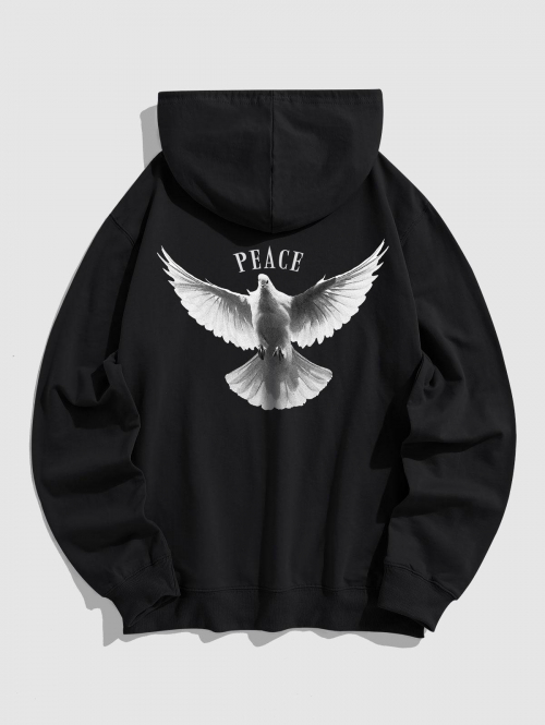 ZAFUL Men's Men's Eagle PEACE Letter Graphic Pattern Kangaroo Pocket Design Pullover Hoodie 2xl Black