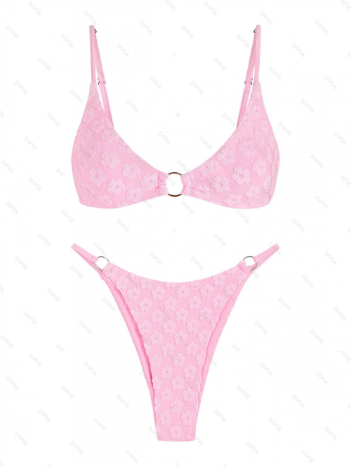 ZAFUL Women's Terry Cloth Floral Jacquard Textured Metal O Ring Triangle Tanga Swimwear Bikini Set L Light pink