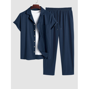 ZAFUL Men's Men's Plain Color Jacquard Weave Cotton and Linen Textured Front Pocket Short Sleeves Shirt and Drawstring Pants Set Deep blue