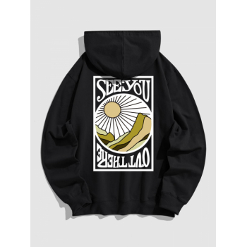 ZAFUL Men's Men's SEE YOU Letter Sun Mountain Pattern Kangaroo Pocket Cotton Pullover Hoodie 2xl Black