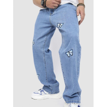 ZAFUL Men's Men's Streetwear Y2K Butterfly Embroidered Design Medium Wash Loose Straight Leg Jeans 32 Light blue