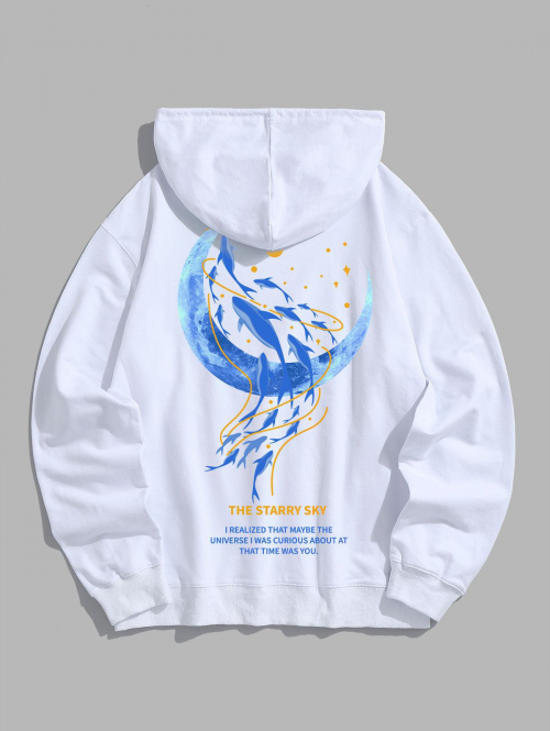 ZAFUL Men's Men's Moon Whale Slogan Graphic Pattern Kangaroo Pocket Hoodie L White