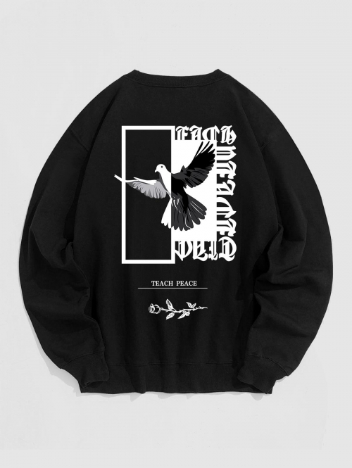 ZAFUL Men's ZAFUL Men's Casual Crew Neck Rose Peace Dove Letter Graphic Pullover Sweatshirt L Black