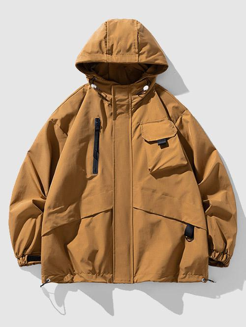 ZAFUL Men's Men's Outdoor Hooded Toggle Drawstring Drop Shoulder Pocket Zipper Windbreaker Jacket 2xl Coffee