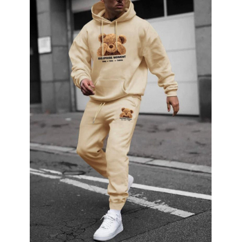 ZAFUL Men's Men's Cartoon Bear Letter Graphic Pattern Kangaroo Pocket Fleece-lined Hoodie and Beam Feet Drawstring Jogger Pants Set L Light coffee