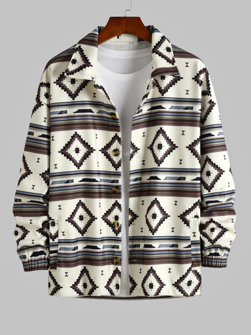 ZAFUL Men's ZAFUL Men's Ethnic Aztec Printed Button Fly Turn-down Collar Jacket L Deep coffee