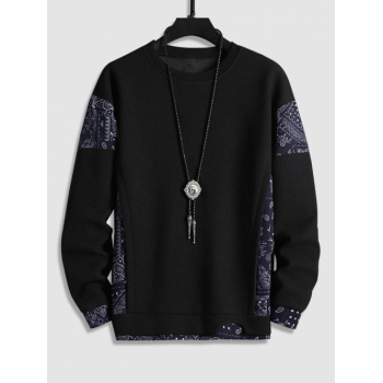 ZAFUL Men's Men's Casual Vintage Ethnic Paisley Floral Print Spliced Colorblock Crew Neck Sweatshirt L Black