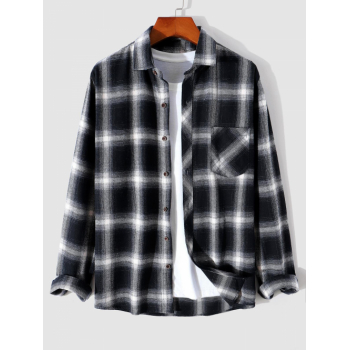 ZAFUL Men's Men's Plaid Print Turn Down Collar Pocket Design Casual Long Sleeves Shirt M Black