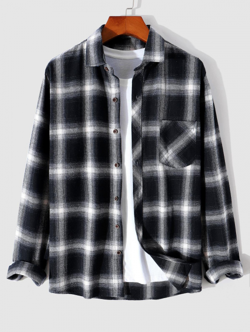 ZAFUL Men's Men's Plaid Print Turn Down Collar Pocket Design Casual Long Sleeves Shirt M Black