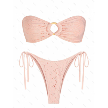 ZAFUL Women's Sexy Matching Two Piece Swimwear Solid Color Eyelet O Ring Tie Side High Leg Bandeau Lace Up Tanga Bikini Set S Light pink