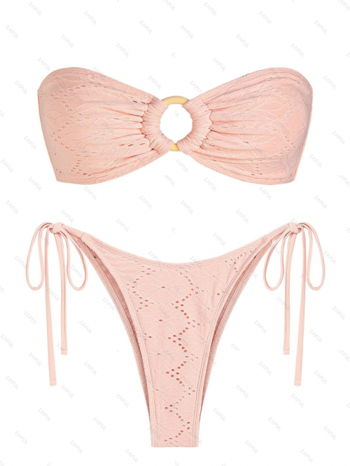 ZAFUL Women's Sexy Matching Two Piece Swimwear Solid Color Eyelet O Ring Tie Side High Leg Bandeau Lace Up Tanga Bikini Set S Light pink