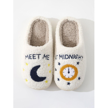 Women Couple Winter Warm Faux Fur Shearling MEET ME AT MIDNIGHT Moon Clock Embroidered Backless Closed Toe Mismatch Slippers For Men and Women